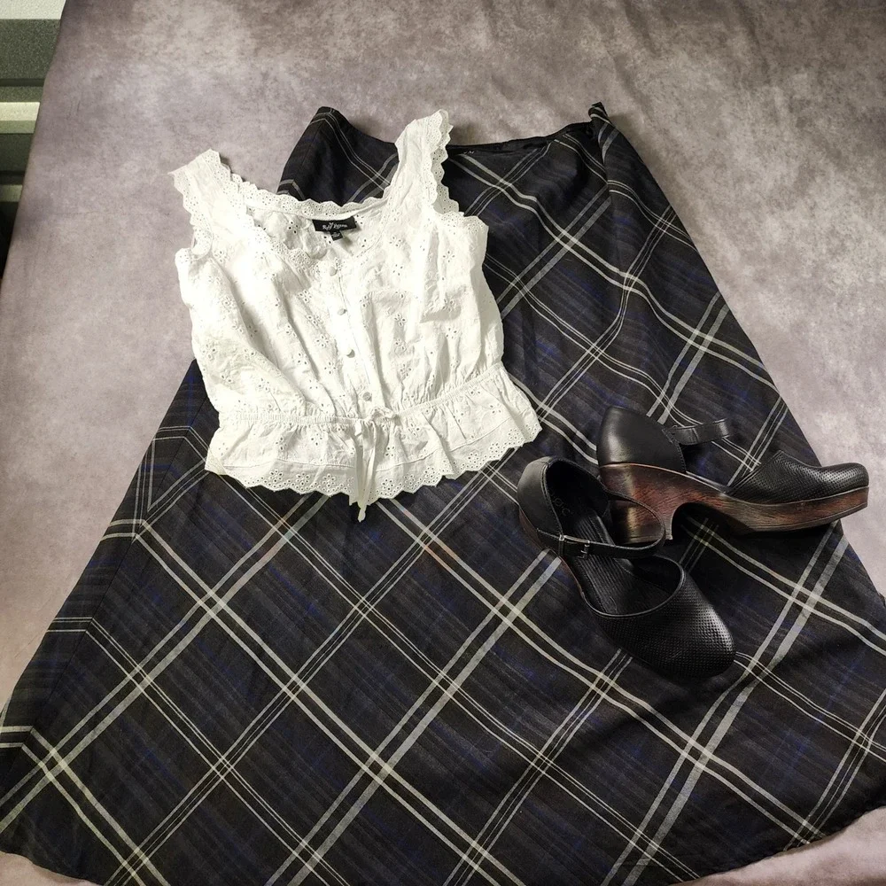Plaid A-Line Maxi Skirt in Black and Blue